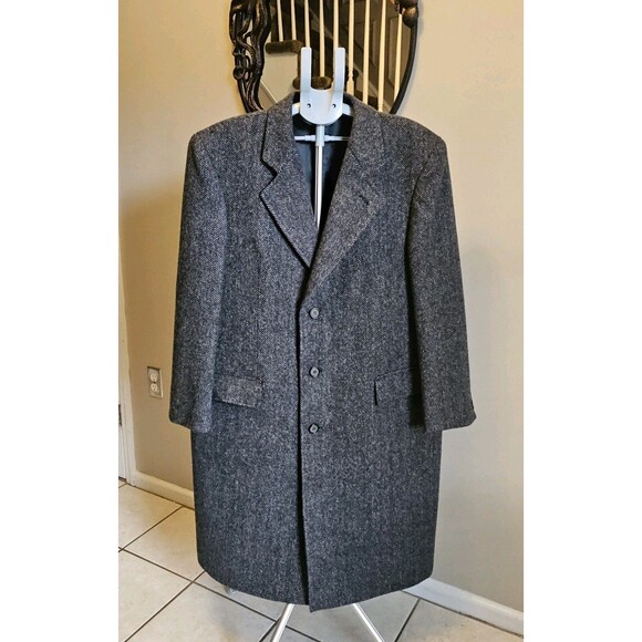 Vintage 80s 90s Herringbone Wool Overcoat Czechoslovakia Mens XL Gray Long Mob - Picture 1 of 9